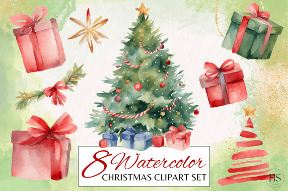 8 Watercolor Merry Christmas Clipart Set: Premium Illustrations