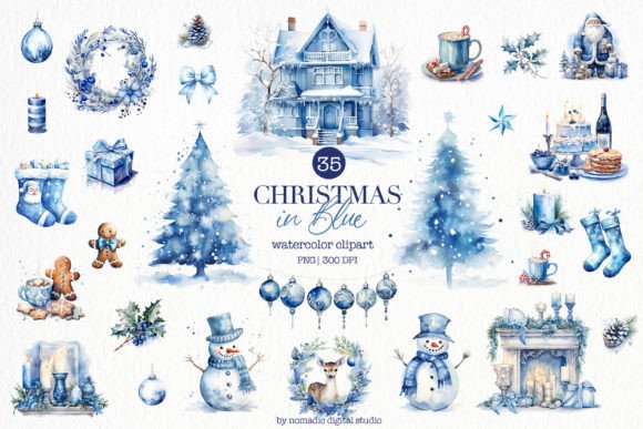 Blue Christmas Watercolor Clipart Png for Illustrations