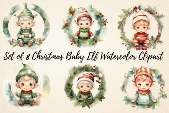 Christmas Baby Elf Watercolor Clipart & Illustrations