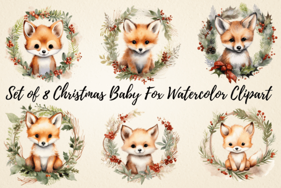 Christmas Baby Fox Watercolor Clipart for Illustrations