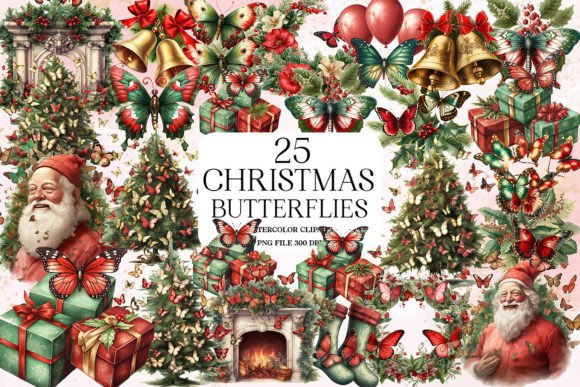 Christmas Butterflies Sublimation Bundle: Festive Illustrations