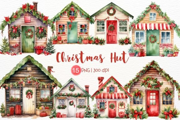Christmas Hut Watercolor Sublimation: Festive Illustrations