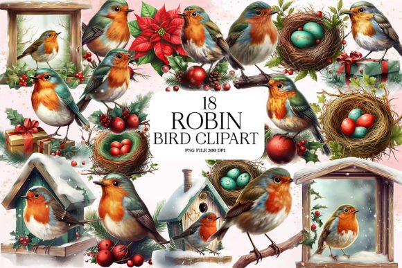 Christmas Robin Bird Clipart Bundle: Festive Illustrations