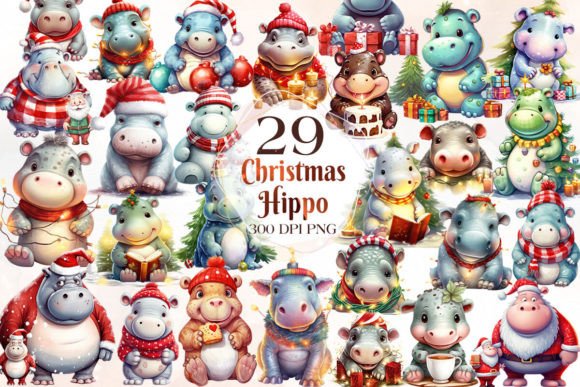 Cute Christmas Hippo Sublimation Clipart & Illustrations