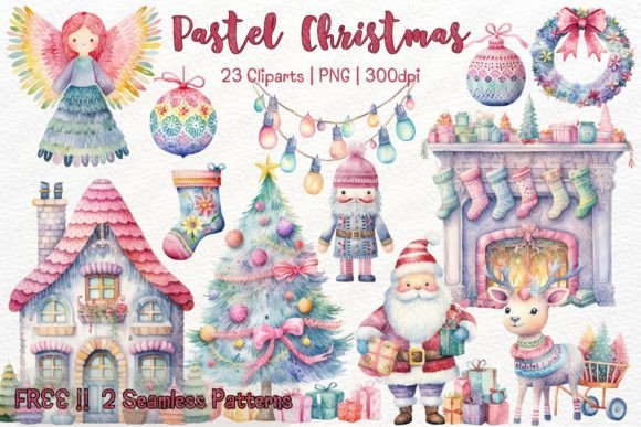Cute Pastel Christmas Watercolor Clipart & Illustrations