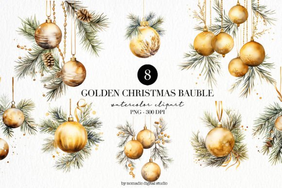 Golden Christmas Bulbs: Festive Illustrations
