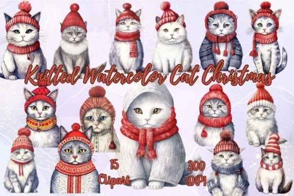 Review: Knitted Watercolor Cat Christmas Clipart for Embroidery
