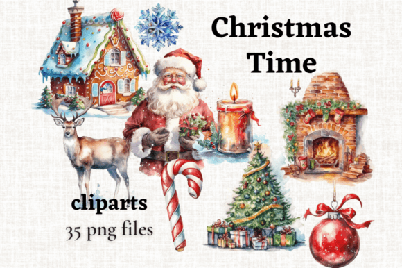 Watercolor Christmas Clipart Bundle PNG & Illustrations