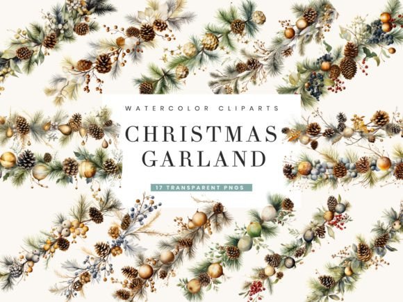 Watercolor Christmas Garland Clipart for Illustrations
